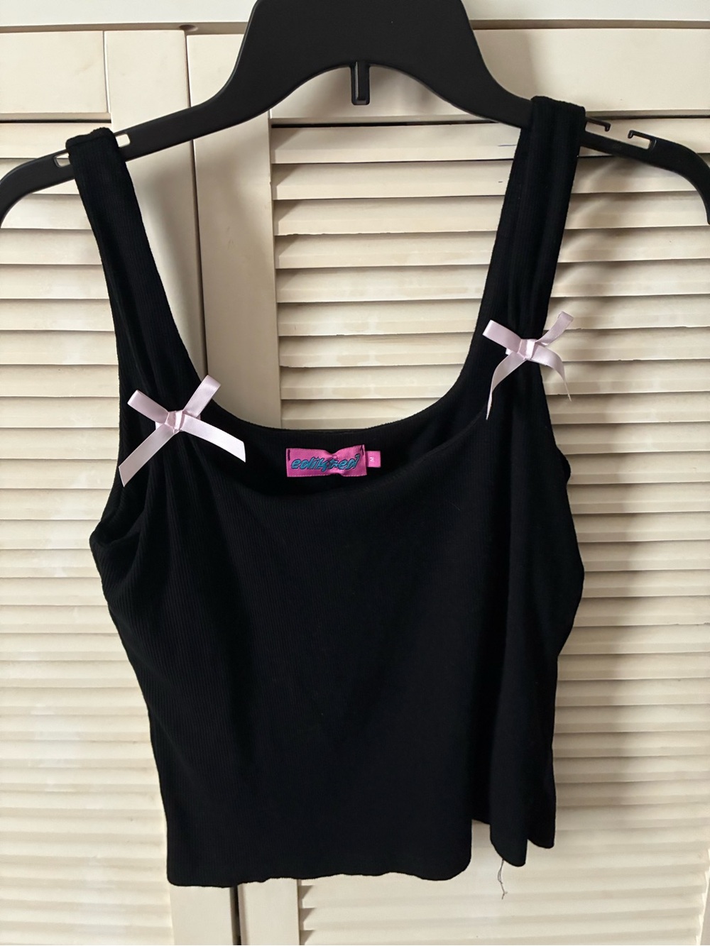 Edikted Black Ribbed Tank with Pale Pink Bows